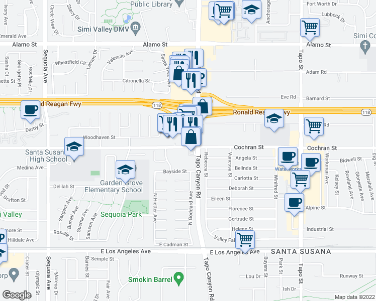 map of restaurants, bars, coffee shops, grocery stores, and more near 3885 Cochran Street in Simi Valley