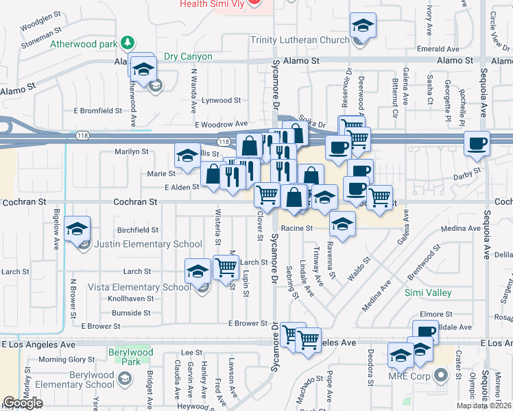 map of restaurants, bars, coffee shops, grocery stores, and more near in Simi Valley
