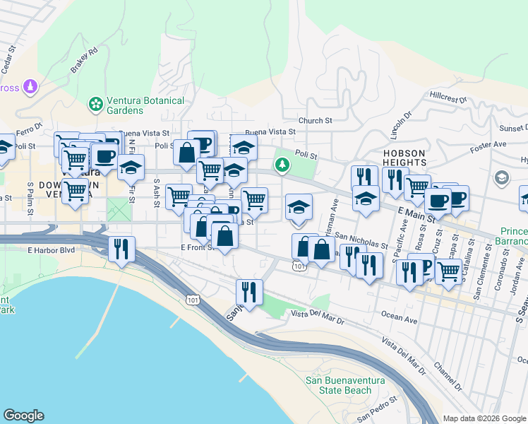 map of restaurants, bars, coffee shops, grocery stores, and more near 1268 East Santa Clara Street in Ventura