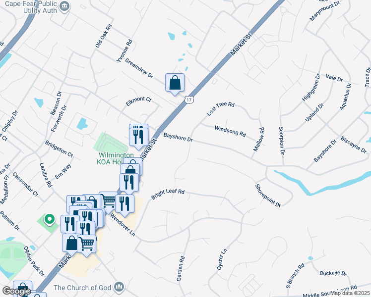 map of restaurants, bars, coffee shops, grocery stores, and more near 135 Bayshore Drive in Wilmington