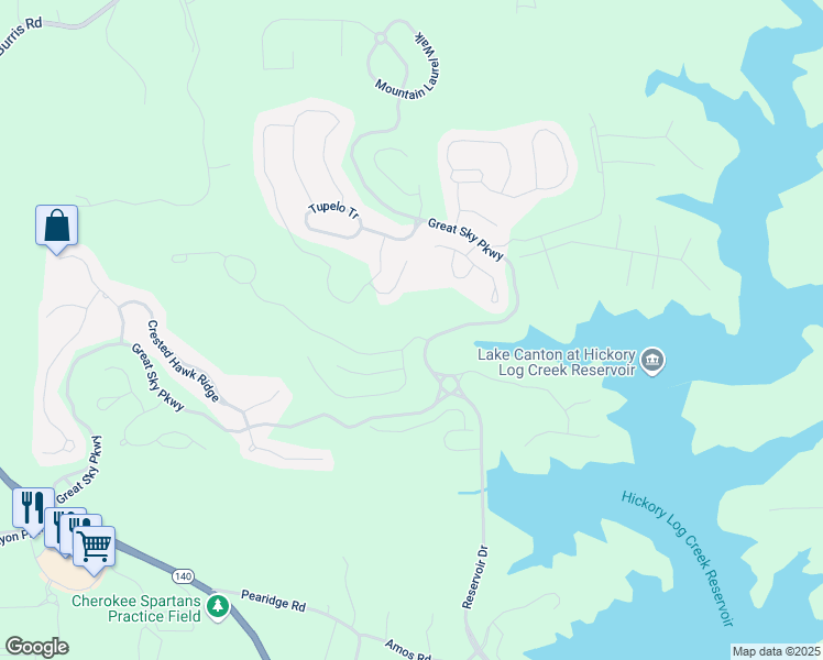 map of restaurants, bars, coffee shops, grocery stores, and more near 102 Stargaze Ridge in Canton