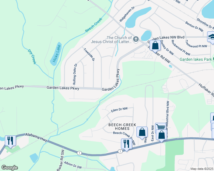 map of restaurants, bars, coffee shops, grocery stores, and more near 3605 Garden Lakes Parkway in Rome