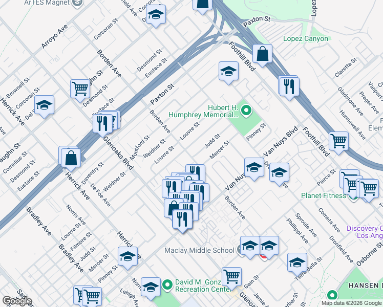map of restaurants, bars, coffee shops, grocery stores, and more near 12755 Judd Street in Los Angeles