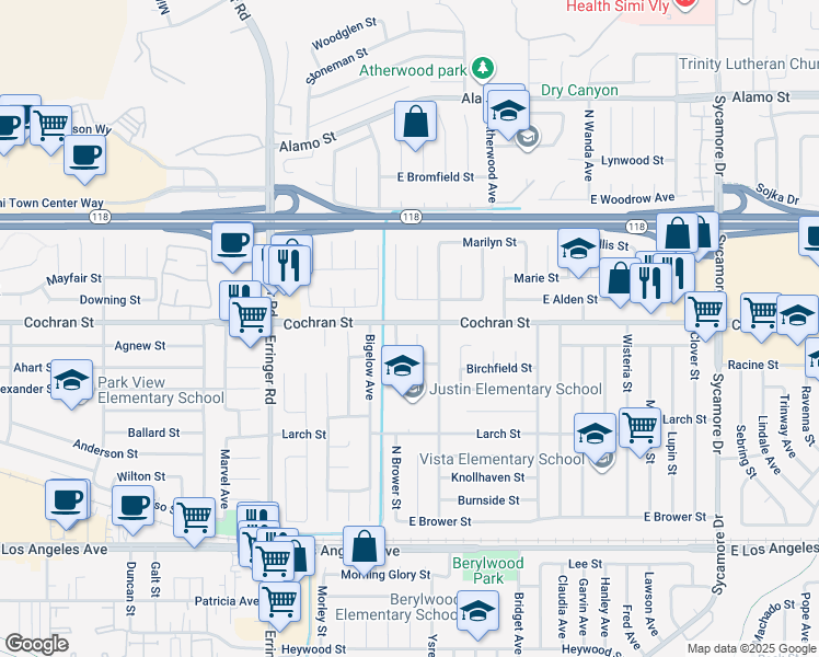 map of restaurants, bars, coffee shops, grocery stores, and more near 2393 Cragmont Court in Simi Valley
