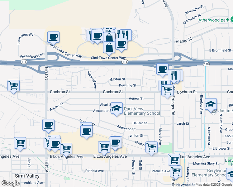 map of restaurants, bars, coffee shops, grocery stores, and more near 1542 Cochran Street in Simi Valley