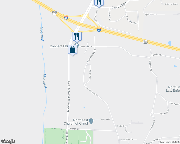 map of restaurants, bars, coffee shops, grocery stores, and more near 1767 Ranch Road in Tupelo