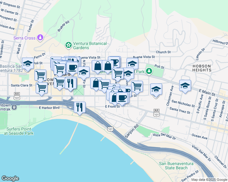 map of restaurants, bars, coffee shops, grocery stores, and more near 157 South Laurel Street in Ventura