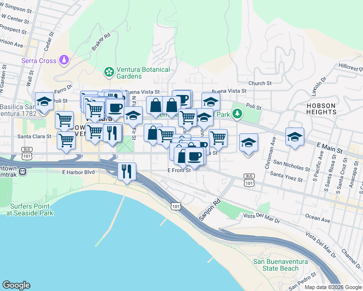 map of restaurants, bars, coffee shops, grocery stores, and more near 963 East Santa Clara Street in Ventura