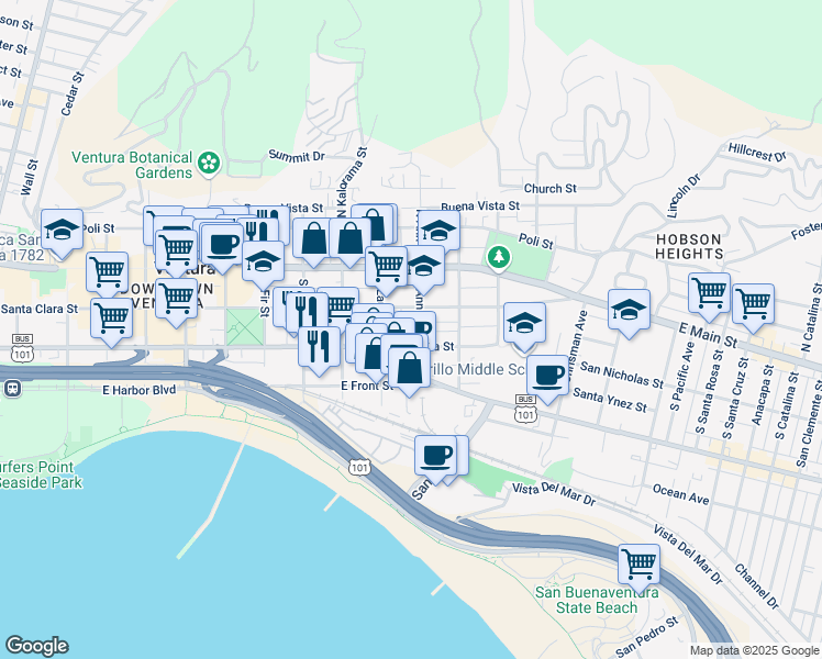 map of restaurants, bars, coffee shops, grocery stores, and more near 157 South Ann Street in Ventura