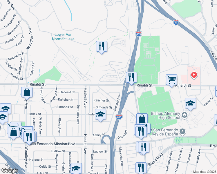 map of restaurants, bars, coffee shops, grocery stores, and more near 15626 Rinaldi Street in Los Angeles
