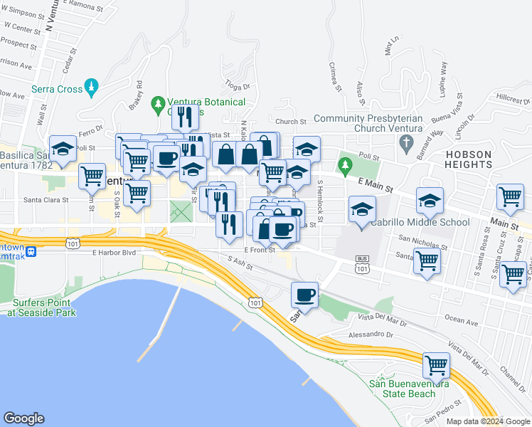 map of restaurants, bars, coffee shops, grocery stores, and more near 155 South Laurel Street in Ventura