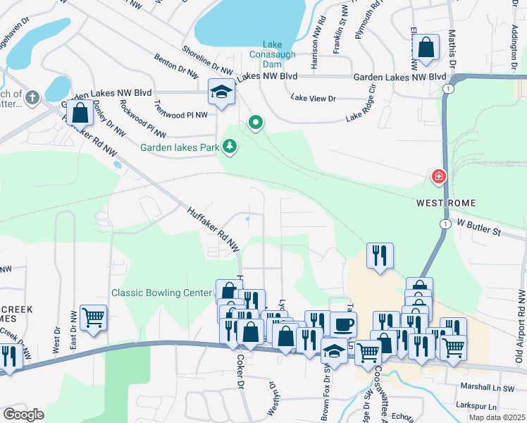 map of restaurants, bars, coffee shops, grocery stores, and more near 129 Melody Lane Northwest in Rome