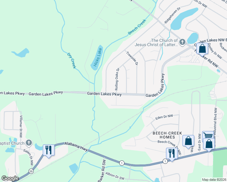 map of restaurants, bars, coffee shops, grocery stores, and more near 227 Rolling Wood Circle Northwest in Rome