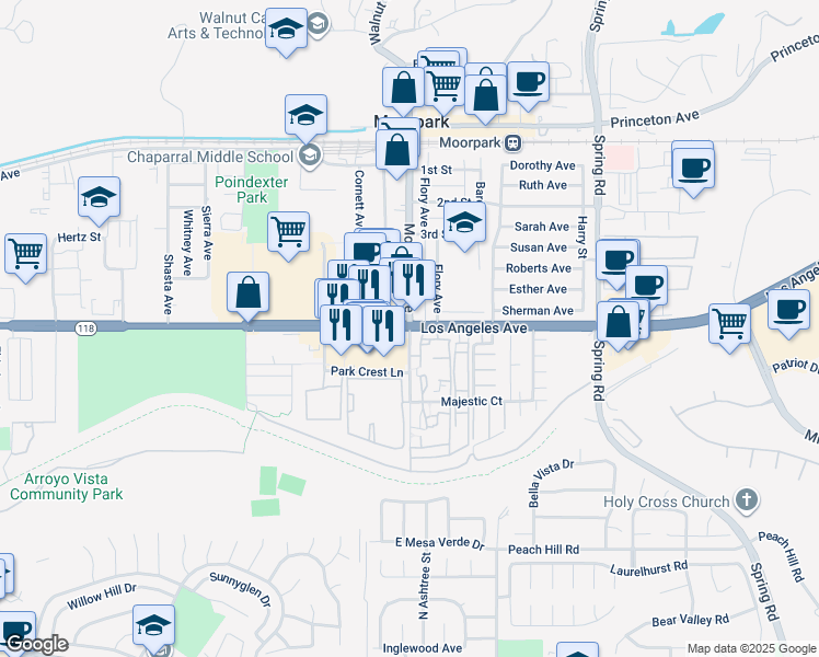 map of restaurants, bars, coffee shops, grocery stores, and more near 2 West Los Angeles Avenue in Moorpark