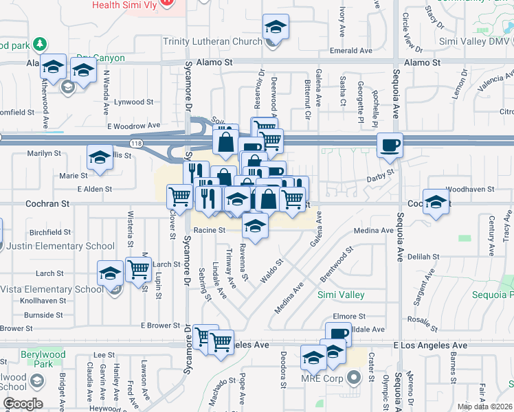 map of restaurants, bars, coffee shops, grocery stores, and more near 2880 Cochran Street in Simi Valley