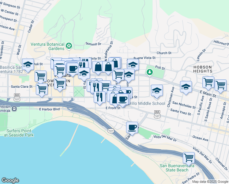 map of restaurants, bars, coffee shops, grocery stores, and more near 963 East Santa Clara Street in Ventura