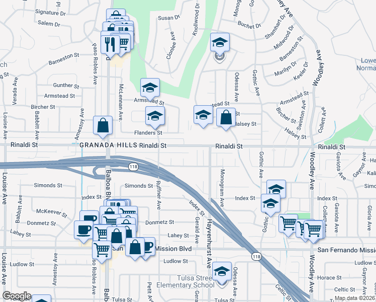 map of restaurants, bars, coffee shops, grocery stores, and more near 16651a Rinaldi Street in Los Angeles