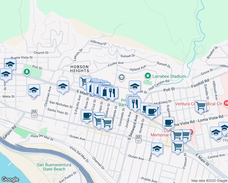map of restaurants, bars, coffee shops, grocery stores, and more near 2117 Poli Street in Ventura