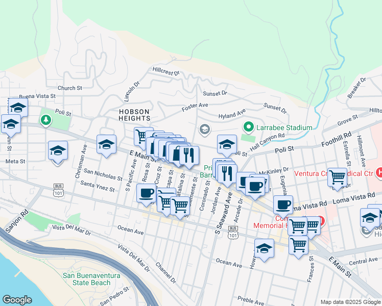 map of restaurants, bars, coffee shops, grocery stores, and more near 2117 Poli Street in Ventura