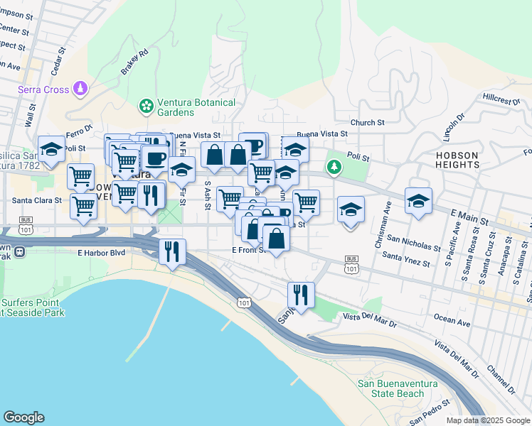 map of restaurants, bars, coffee shops, grocery stores, and more near 1058 East Santa Clara Street in Ventura