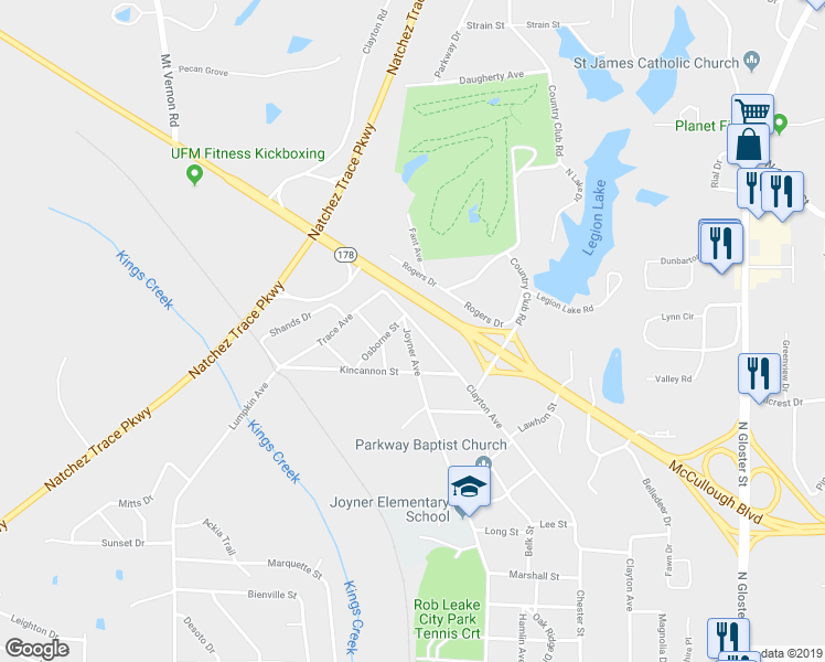 map of restaurants, bars, coffee shops, grocery stores, and more near 1615 Clayton Avenue in Tupelo