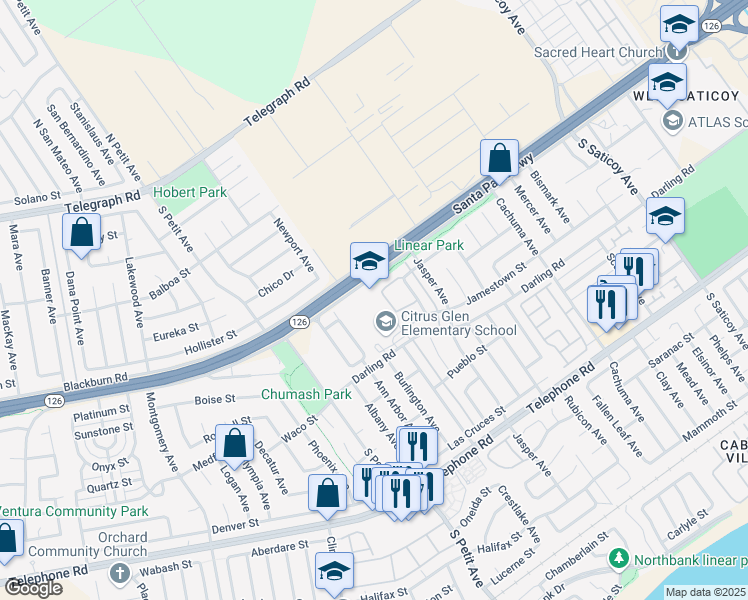 map of restaurants, bars, coffee shops, grocery stores, and more near 9655 Darling Road in Ventura