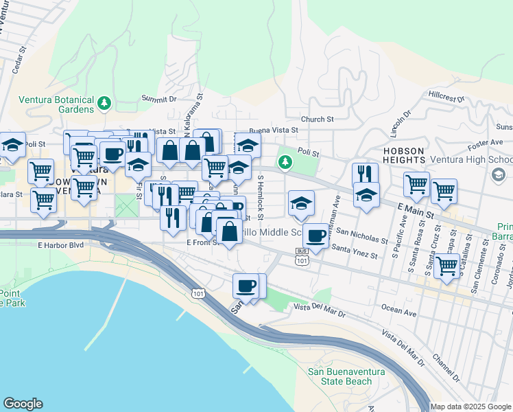 map of restaurants, bars, coffee shops, grocery stores, and more near 153 South Hemlock Street in Ventura