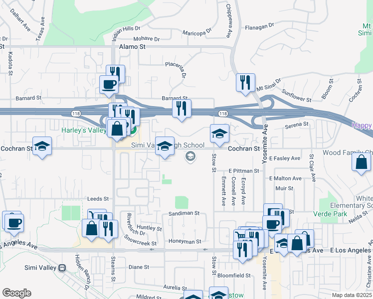 map of restaurants, bars, coffee shops, grocery stores, and more near 5400 Cochran Street in Simi Valley