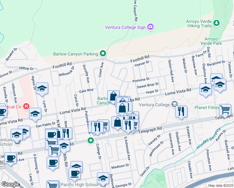 map of restaurants, bars, coffee shops, grocery stores, and more near 4071 Doane Street in Ventura