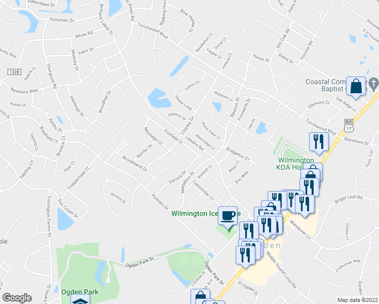 map of restaurants, bars, coffee shops, grocery stores, and more near 423 Foxfield Court in Wilmington