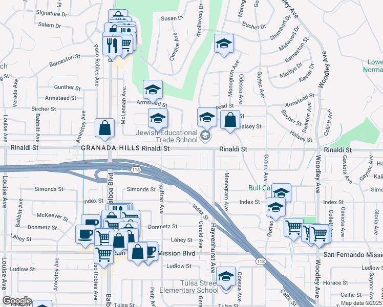 map of restaurants, bars, coffee shops, grocery stores, and more near 16650 Rinaldi Street in Los Angeles