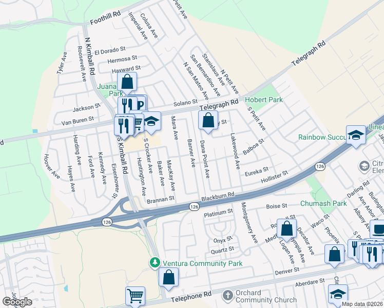 map of restaurants, bars, coffee shops, grocery stores, and more near Banner Avenue in Ventura
