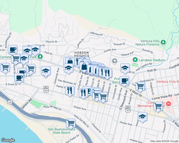 map of restaurants, bars, coffee shops, grocery stores, and more near 2 North Santa Rosa Street in Ventura