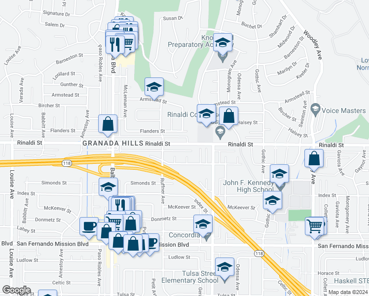 map of restaurants, bars, coffee shops, grocery stores, and more near 16708 Rinaldi Street in Los Angeles