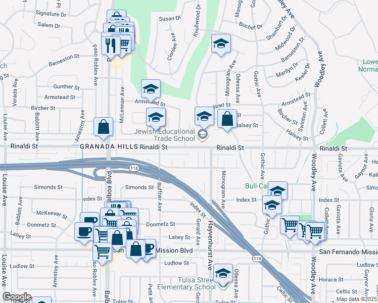 map of restaurants, bars, coffee shops, grocery stores, and more near 16650 Rinaldi Street in Los Angeles
