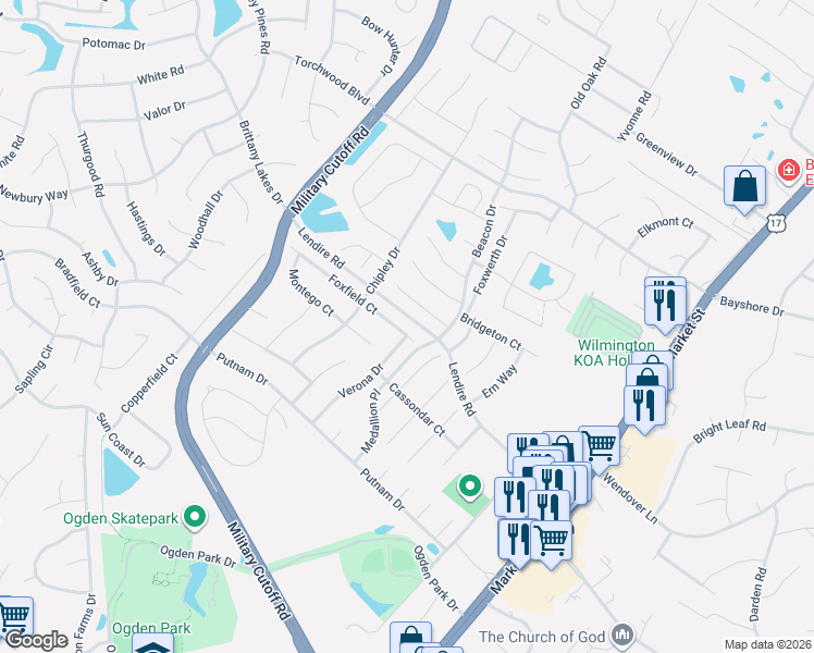 map of restaurants, bars, coffee shops, grocery stores, and more near 419 Westridge Court in Wilmington