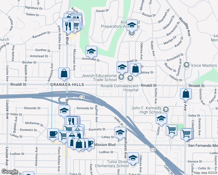 map of restaurants, bars, coffee shops, grocery stores, and more near 16708 Rinaldi Street in Los Angeles