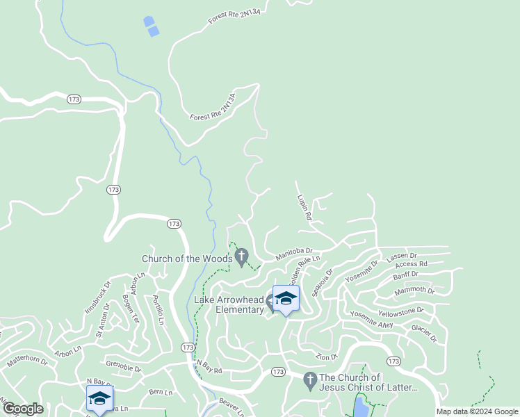 map of restaurants, bars, coffee shops, grocery stores, and more near 1611 Alberta Lane in Lake Arrowhead