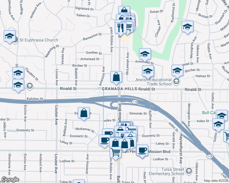 map of restaurants, bars, coffee shops, grocery stores, and more near 17014 Rinaldi Street in Los Angeles