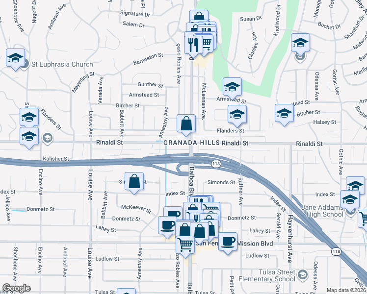 map of restaurants, bars, coffee shops, grocery stores, and more near 17019 Rinaldi Street in Los Angeles