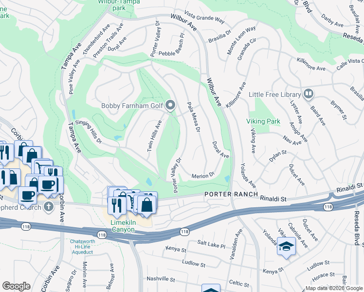 map of restaurants, bars, coffee shops, grocery stores, and more near 11452 Porter Valley Drive in Los Angeles