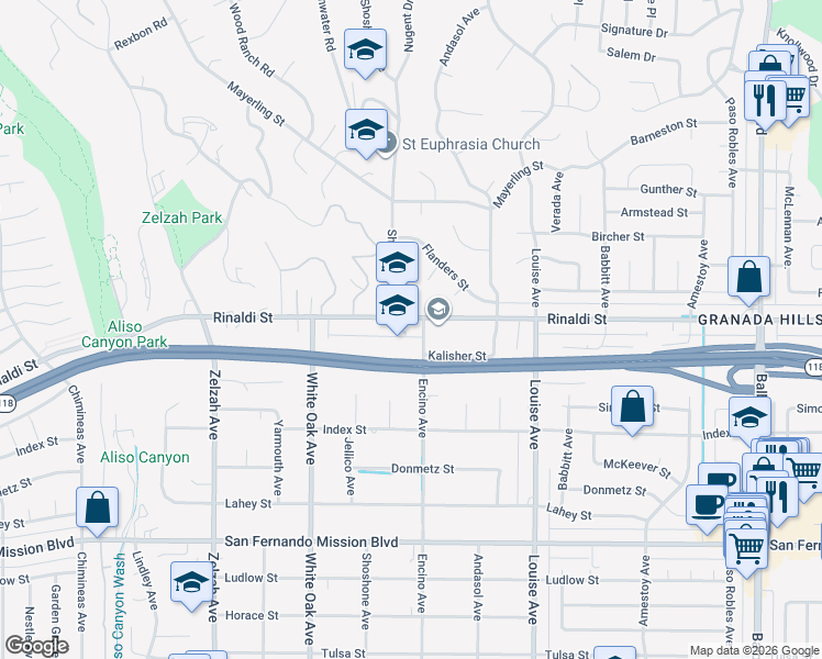 map of restaurants, bars, coffee shops, grocery stores, and more near 17551 Rinaldi Street in Los Angeles