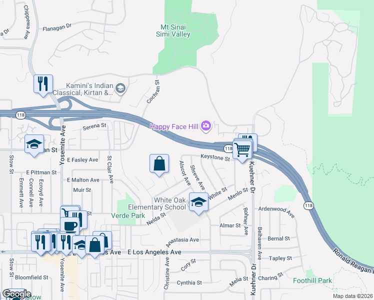 map of restaurants, bars, coffee shops, grocery stores, and more near 6241 Keystone Street in Simi Valley