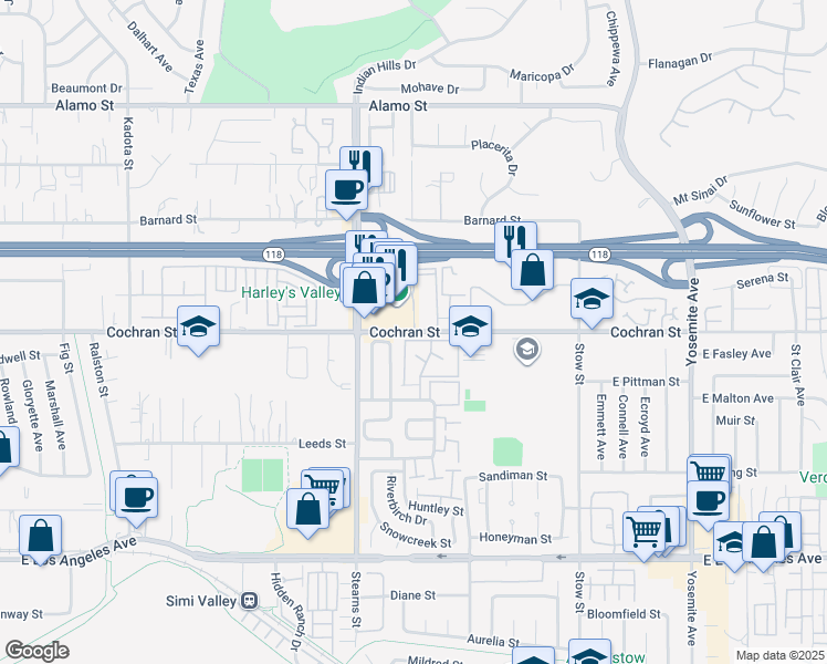 map of restaurants, bars, coffee shops, grocery stores, and more near 5305 Cochran Street in Simi Valley