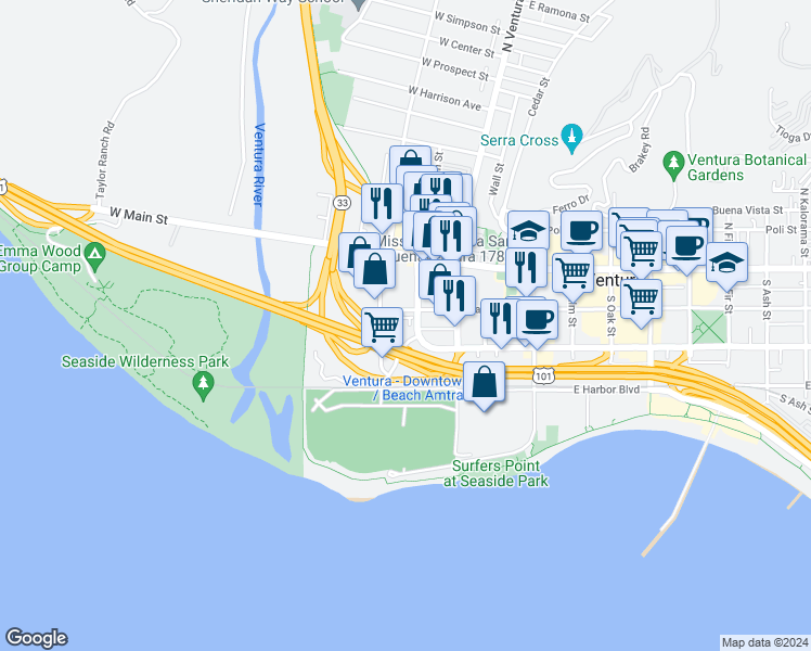 map of restaurants, bars, coffee shops, grocery stores, and more near 110 West Santa Clara Street in Ventura