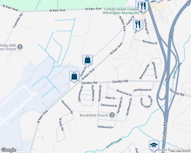 map of restaurants, bars, coffee shops, grocery stores, and more near 1840 North Kerr Avenue in Wilmington