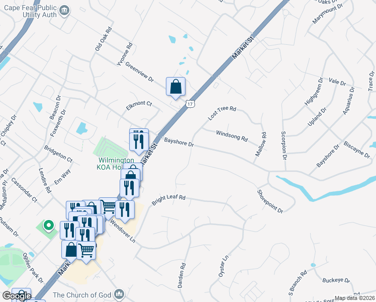 map of restaurants, bars, coffee shops, grocery stores, and more near 7475 Thais Trail in Wilmington