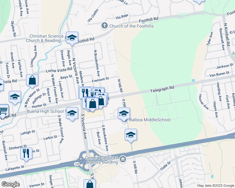 map of restaurants, bars, coffee shops, grocery stores, and more near 6363 Hunter Street in Ventura