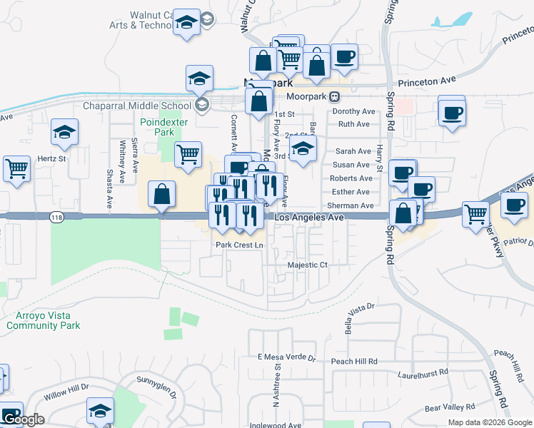 map of restaurants, bars, coffee shops, grocery stores, and more near 2 Moorpark Avenue in Moorpark