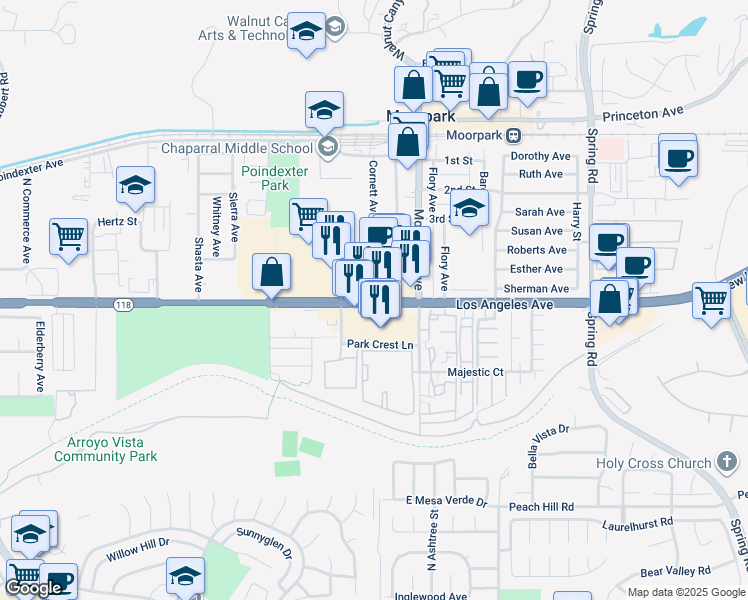 map of restaurants, bars, coffee shops, grocery stores, and more near 239 West Los Angeles Avenue in Moorpark